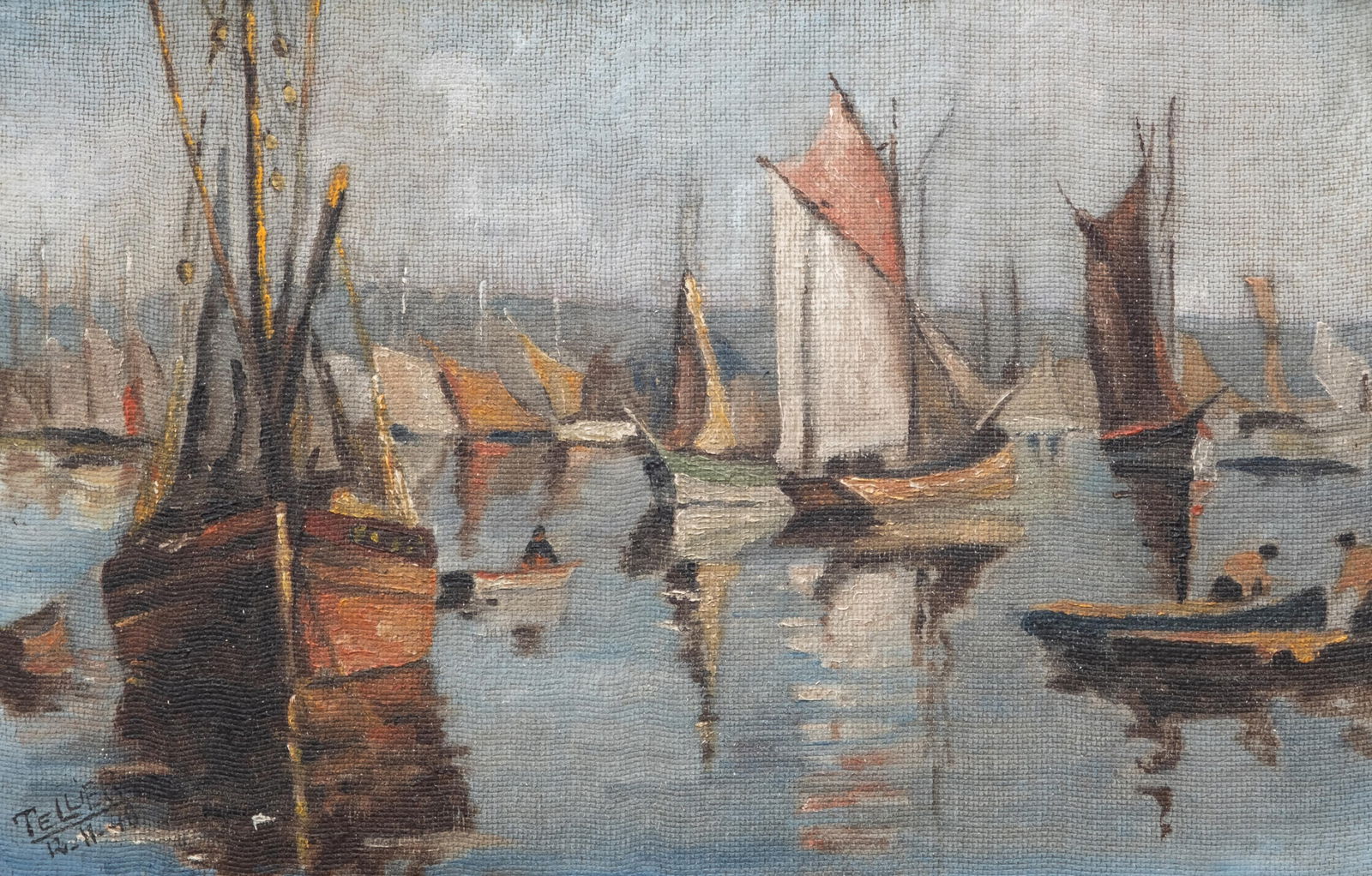 Raymond Tellier, Signed Oil on Panel Painting of Harbor Scene, 20th Century (1 of 10)