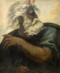 Signed Oil on Canvas Painting of Moses, 19th century: Keywords: Biblical Art, Religious Painting, Regionalism, Modernism, Historical Painting, Classic Art, John Steuart Curry Regionalist StyleSigned 19th-century oil on canvas painting depicting Moses. Th