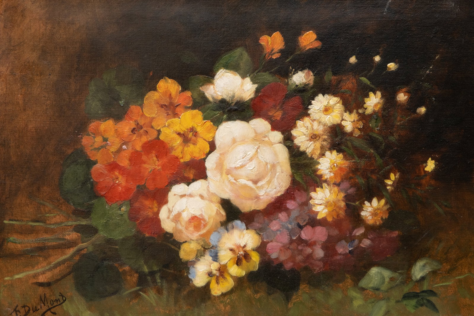 Francois Dumont signed Oil on Canvas Painting,19th century: Keywords: French academic painting, romantic still life, vibrant natural palette, delicate brushwork, realism movement, botanical composition, fine art traditionsigned Francois Dumont Oil on Canvas Pa