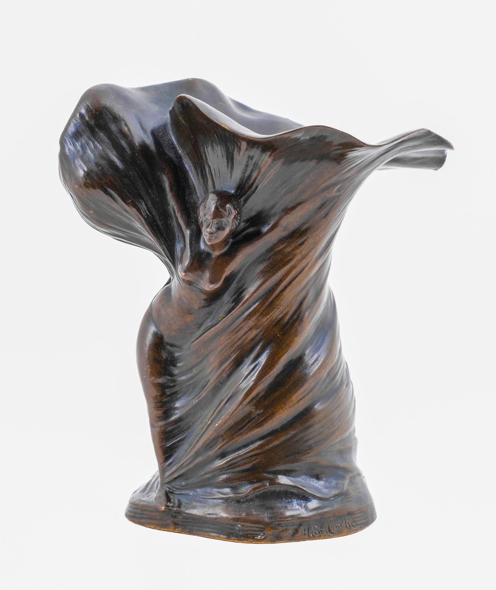 Hans Stoltenberg Lerche Art Nouveau Signed Bronze Vase of Loie Fuller, 1900: Keywords: Art Nouveau, bronze vase, Hans Stoltenberg Lerche, Loie Fuller, dancer motif, sculptural vase, flowing design, French art, Bouchet foundry, early 20th century, decorative arts, signed sculpt