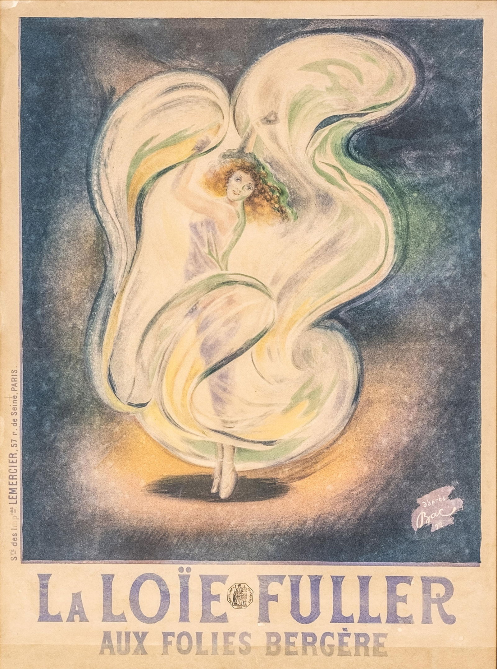 Rare Loie Fuller Folies-Bergère Poster by BAC, 1892: Keywords: Loie Fuller, BAC, Ferdinand Bach, Art Nouveau, Lemercier Paris, French poster, dance performance, Belle Époque, theater memorabilia, lithograph, rare poster, 19th century, Parisian cabaret,