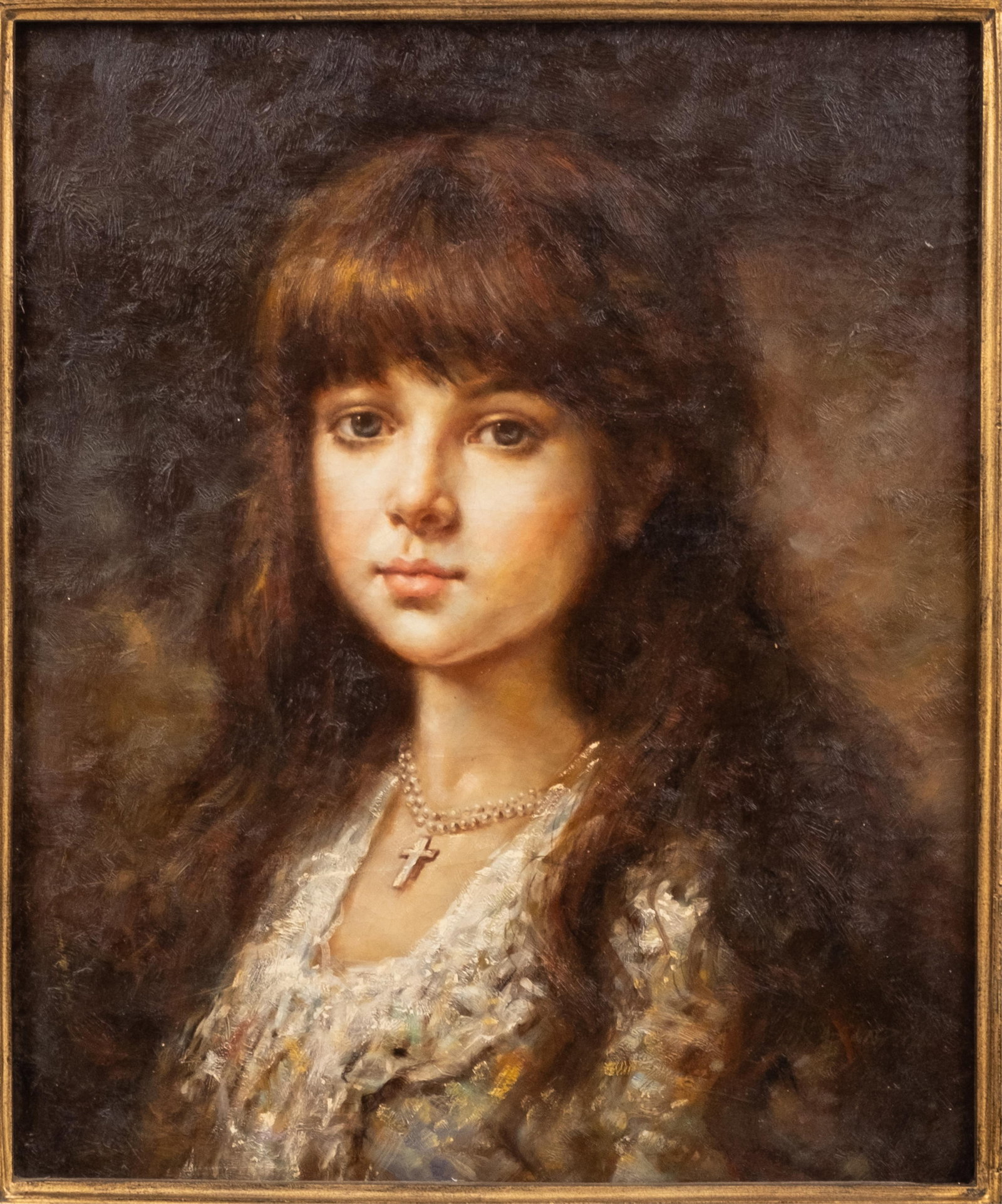 Oil on Canvas Painting, Signed: Keywords: oil painting, young model, 19th-century art, realism, classic portraiture, figurative art, Russian school, traditional painting, timeless beauty, youth, finely detailed Oil on canvas paintin