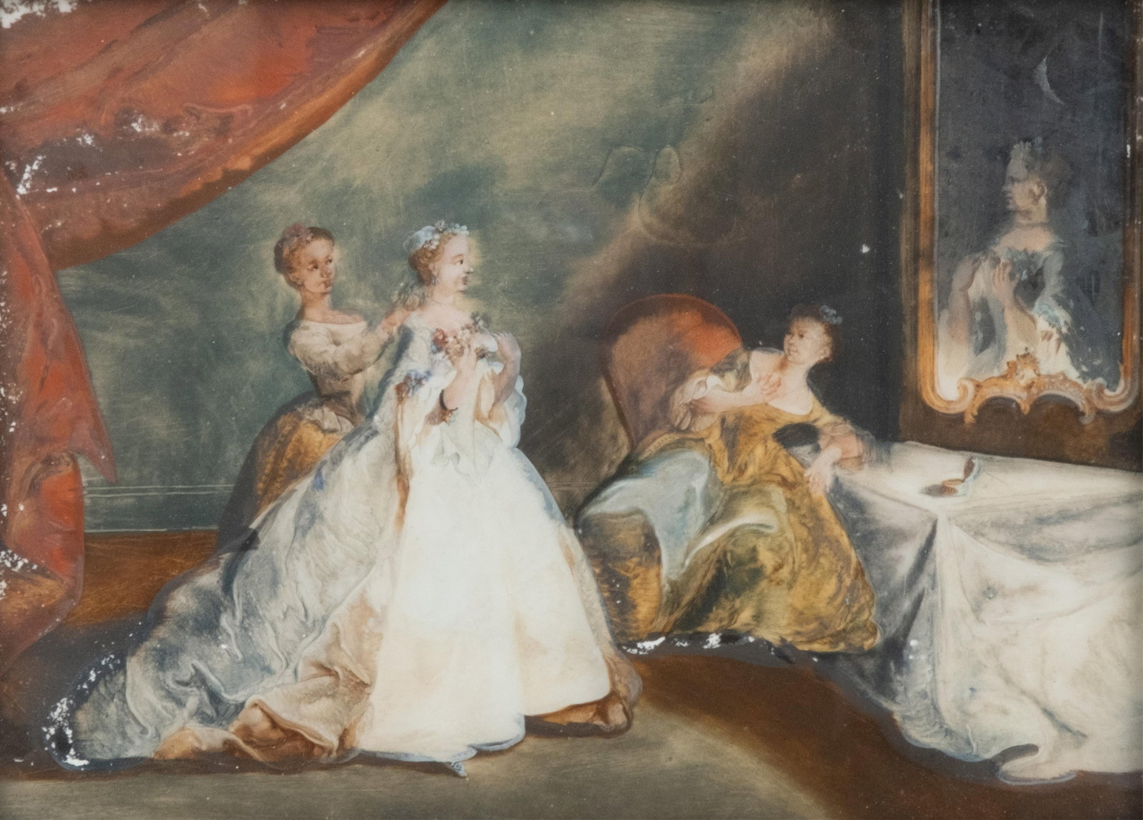 Mystery Artist, Oil Painting on Glass Depicting a Woman Being Fitted for a Ball Gown,19th century: Keywords: Ball Gown Fitting, Oil Painting, Detailed Costumes, Period Clothing, High Society, Romanticism, Classicism, Vintage Artwork, Social Event, woman dressingMystery artist, a well composed oil p