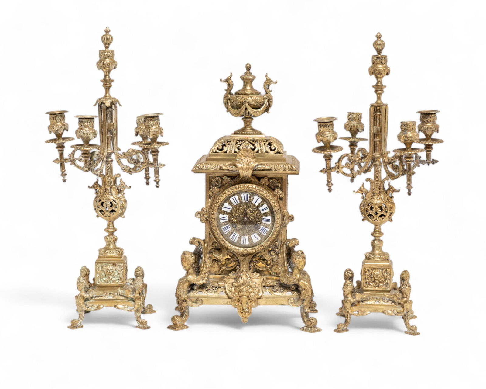 Exceptional French Antique Renaissance Style Mantel Garniture Clock Set, Circa 1890's (1 of 16)