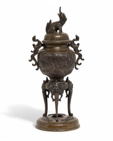 Meiji Period Bronze Tripod Incense Burner with Bird and Floral Motifs, Japan