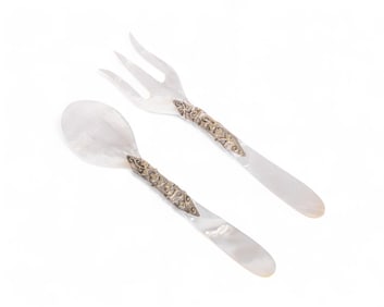 Early 20th Century Chinese Mother of Pearl Serving Set with Ornate Bronze/Brass Decoration