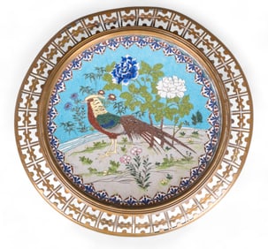 Cloisonne Pheasant Charger in Gilt Bronze Mounting Antique Exceptional and Unusual