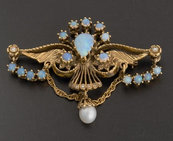 Antique 14K Yellow Gold Brooch with Diamonds, Opals, and Pearl