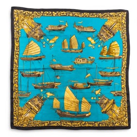 Mid Century Hermes “Jonques et Sampans" Silk Scarf by F. de la Perriere (authentic),