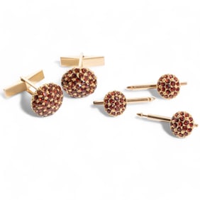 18K/14K Gold Garnet Cufflinks and Stud Set, Circa 1930's