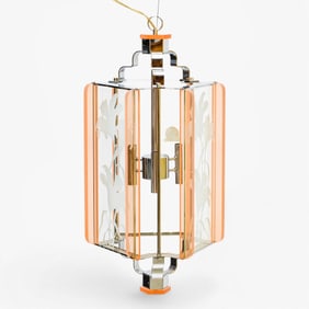 Frederick Ramond Signed Mid Century Hanging Etched Glass Pendant Ceiling Fixture