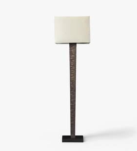 Mid Century Modern Brutalist Floor Lamp: Keywords: Mid-Century Modern, Contemporary Design, Minimalist Movement, Modernist Lighting, Organic Modern, Ralph Lauren style, Christian Liaigre style, Jacques Adnet style, Wooden Lamp, Fabric Shade,