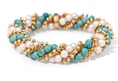 Van Cleef & Arpels Iconic "Twist" Bracelet in18K Gold with Pearls and Turquoise