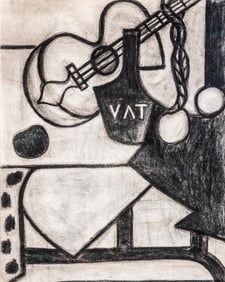 Mystery Artist French Cubist Modernist Charcoal Drawing / Painting, 20th Century