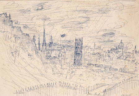 Signed Jean Dufy French Modernist Ink Drawing: Keywords: marquetry craftsmanship, serpentine design, Rococo influence, intricate inlays, natural wood tones, decorative floral patterns, polished marble top, 18th-century furnitureJean Dufy French Mo