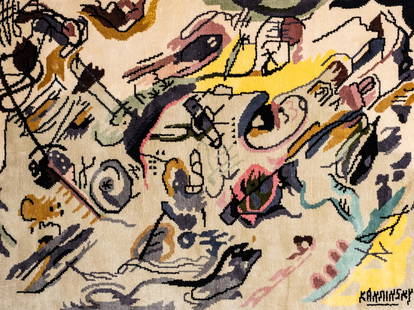 Wassily Kandinsky (After), Silk Hand Knotted Wall Art Tapestry: Keywords: Abstract Expressionism, mid-century modern decor, intricate silk weaving, early 20th-century avant-garde influences, fiber and woven artArtist's tapestry or wall carpet titled "Kandinsk