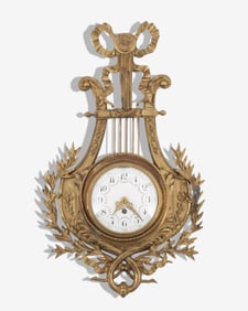 Louis XVI Style Lyre-Form Gilt Bronze Wall Clock with Enamel Dial