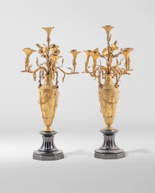 Pair of French Belle Epoch Bronze Candelabras with Satyrs and Nymphs