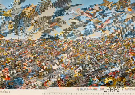 Erro, Gudmundur, Limited edition Zurich Exhibition Birdscape Poster, pencil Signed and Numbered,: Keywords: 1980s contemporary art, pop art, postmodernism, neo-surrealism, expressionist composition, James Rosenquist style, Richard Lindner style, Peter Saul style, limited edition print, poster, off