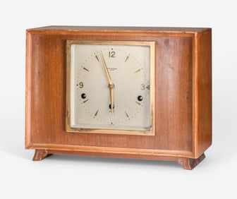 Arthur Saunders Modernist Walnut and Brass Musical Mantel Clock, London