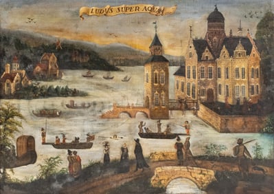 Important Italian Northern School Oil on Canvas Painting, "Ludus super aquam, 1697"