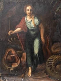 Giulio Romano Old Master Oil on Canvas Painting Depicting Saint Margaret Slaying the Dragon