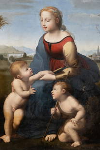 Raphael: The "Lost Raphael" A masterwork, Oil on Canvas Painting: Keywords: High Renaissance, Italian Renaissance, Old Master painting, Raphael workshop, Madonna and Child, St. John the Baptist, Louvre variant, La Belle Jardiniere, Uffizi Collection, undiscovered ma