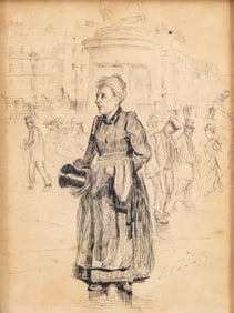 woman with top hat in Place de la Republique Signed 19th-century drawing