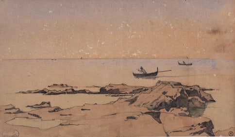 Victor Edmond JOINVILLE signed Seascape pen and ink painting with fishing boats