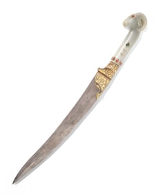 Mughal Jade Dagger with Cabochons and Damascene Blade with Fancy Gold Work