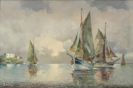 Mid-Century Impressionist Oil Seascape with Sailboats, Illegibly Signed