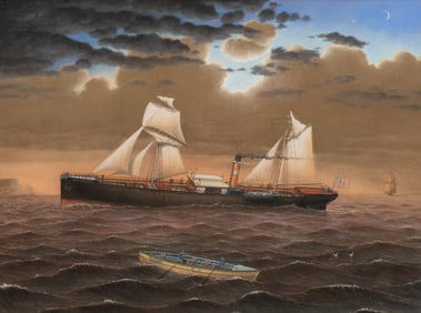 Albert R. Nemethy Signed Pastel Painting Seascape with Freight Ship and Boat