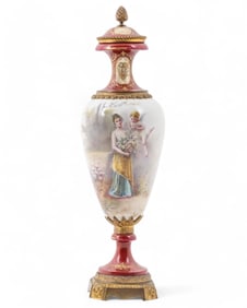 Tall Antique Sevres Porcelain Lidded Urn, hand Painted 19th Century, 18 inches tall