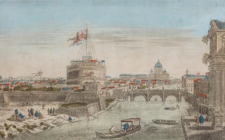 J.F. Daumont, Saint Angelo Bridge in Rome, Hand Painted Etching, 18th century