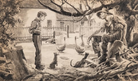 Everett Shinn Signed Pen and Ink Watercolor Drawing Painting, Farmyard Scene, 1942