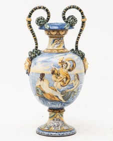 Exquisite Italian Hand Painted Majolica Vase with Double Snake Handles