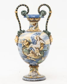 Exquisite Italian Hand Painted Majolica Vase with Double Snake Handles