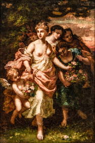 Narcisse Diaz de la Peña Signed Romantic Oil Painting of Diane with Cherubs (1 of 13)