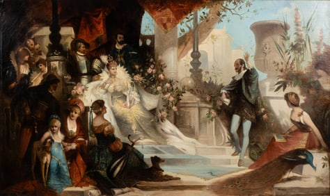 John Francois Kaufman Oil Painting "Columbus and Queen Isabella", 19th C. signed, 36x56"