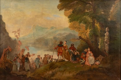 School of Watteau, Fête Galante Oil on Canvas Painting, Early 19th Century