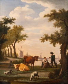 Dutch School Animated Landscape with Cattle, Oil on Canvas Painting, Early 19th Century