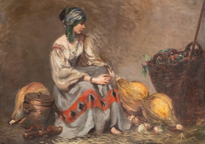 Mystery Artist: Oil on Canvas Painting "Gypsy Girl with Basket". Circa 1900, 38 x 53in