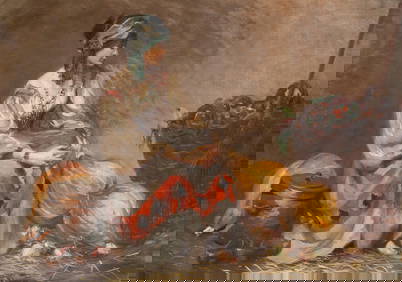 Mystery Artist: Oil on Canvas Painting "Gypsy Girl with Basket". Circa 1900, 38 x 53in (1 of 17)
