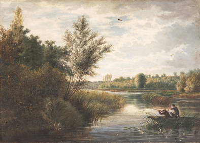 Fisherman on River, Oil on Canvas Painting circa 1900 (1 of 14)
