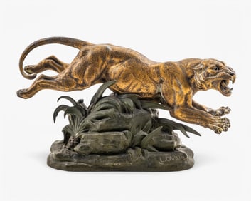 Signed Louis-Albert Carvin Gilded Bronze Tiger Sculpture, Circa 1900's