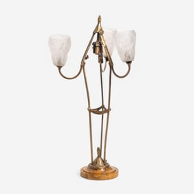 Art Deco Bronze Table Lamp with Frosted Glass Shades, Early 20th Century