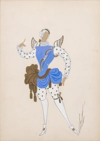 Erte Signed Art Deco Gouache Russian Ballet Costume Design Painting, Circa 1925