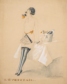 Pierre Colombier, Signed, L’eventail, Gouache Watercolor Painting, 1917