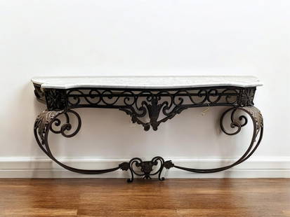 French Marble Top Console Table on Ornate Wrought Iron Base, Early 20th Century: Keywords: Art Nouveau, Belle Epoque, Edwardian, Victorian, French Rococo, Neoclassical Revival, Edgar Brandt Style, Louis Majorelle Style, Gilbert Poillerat Style, Marble, Wrought Iron, Early 20th Cen