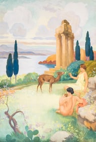 Monumental Jean Frederic Canepa Signed Art Deco Symbolist Oil on Canvas Painting, Circa 1920, 78 x
